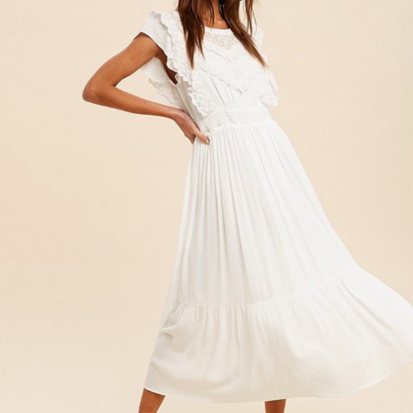 NEW Off White Romantic Lace Inset Ruffle Trim Yoke Smock Waist Midi Maxi Dress - Picture 7 of 10